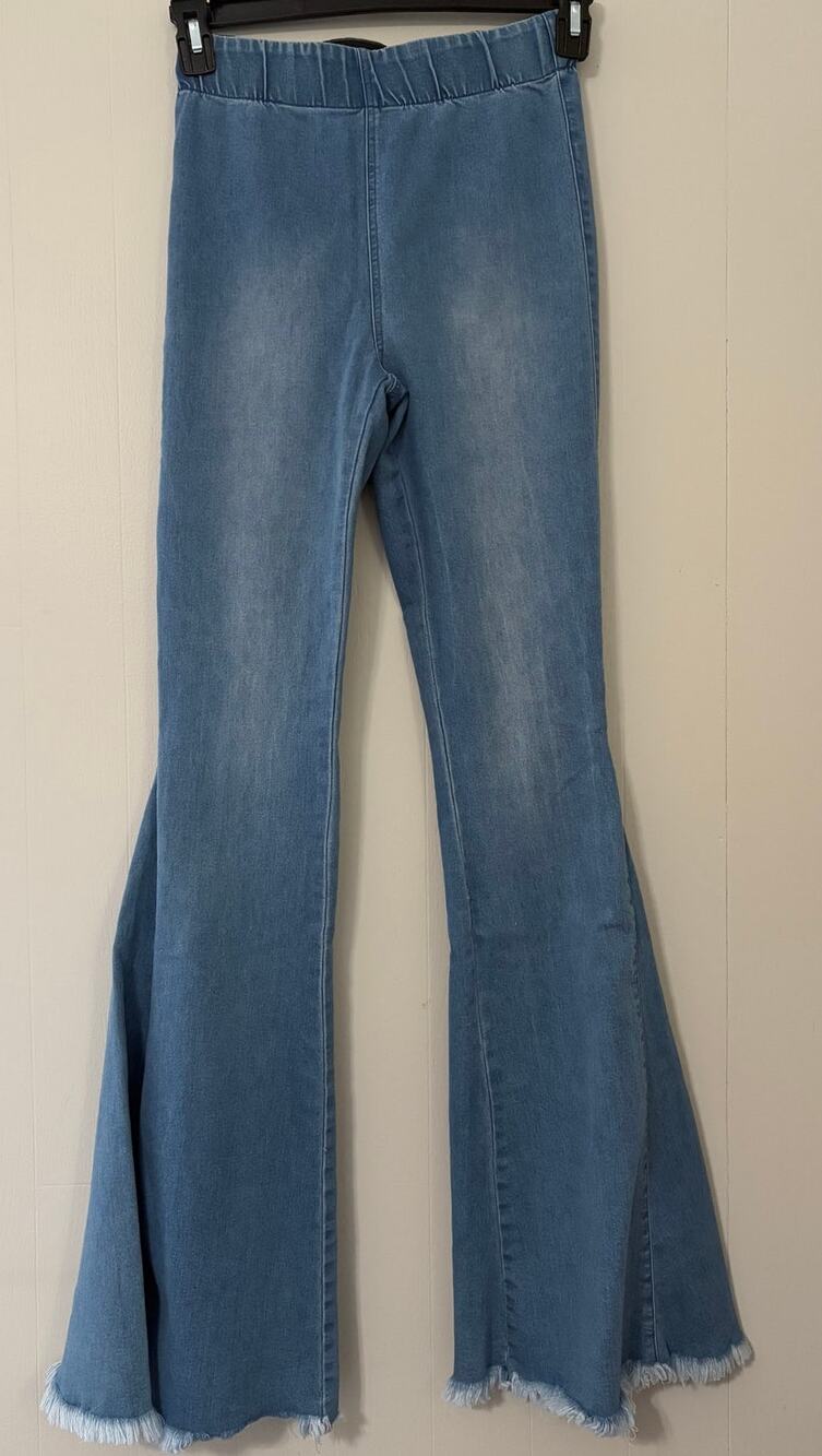 Newbury Kustom Small Light Wash Elastic Waist Raw Hem Pull On Super Flare Jeans